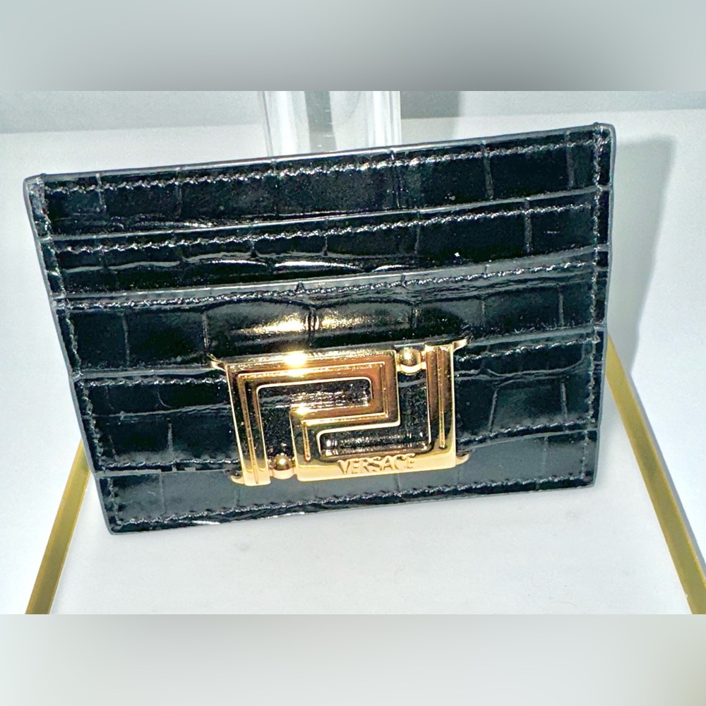 NEW Versace Black Croc-Embossed Card Holder with Gold Logo